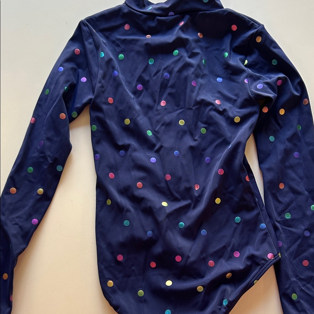 Girls Navy Polka Dot Long-Sleeve Rash Guard Swimsuit with Pink Zip - Picture 4 of 4